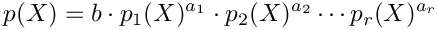 \[
  p(X) = b \cdot p_1(X)^{a_1} \cdot p_2(X)^{a_2} \cdots p_r(X)^{a_r}
\]